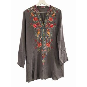 Johnny Was Embroidered Bird Floral Cupra Rayon Tunic Top Gray Boho Artisan Small